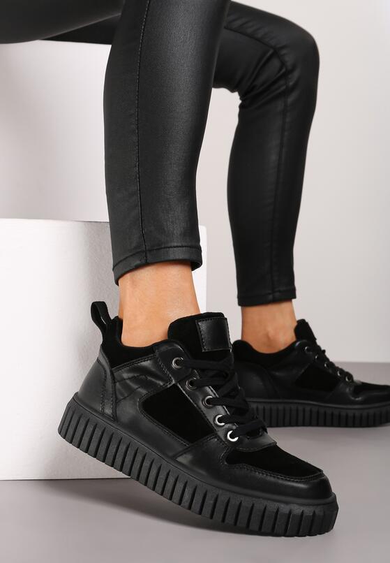 Czarne Skórzane Sneakersy na Grubej Tłoczonej Podeszwie Eriliane 3