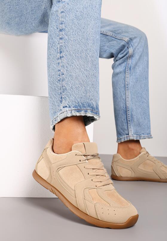 Ciemnobeżowe Sneakersy z Geometrycznymi Przeszyciami z Zdobieniem z Cyrkonii Taranea 2