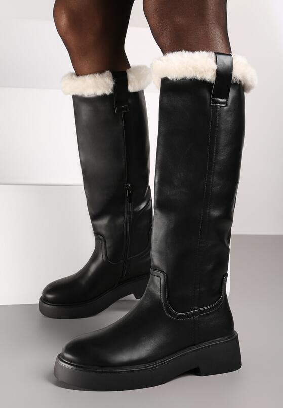 Czarne Kozaki na Grubej Podeszwie Ozdobione Futerkiem Laonina 2