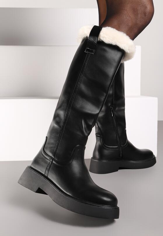 Czarne Kozaki na Grubej Podeszwie Ozdobione Futerkiem Laonina 1