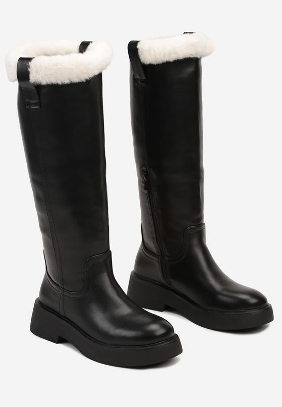 Czarne Kozaki na Grubej Podeszwie Ozdobione Futerkiem Laonina 5