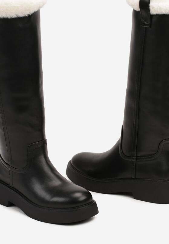 Czarne Kozaki na Grubej Podeszwie Ozdobione Futerkiem Laonina 6