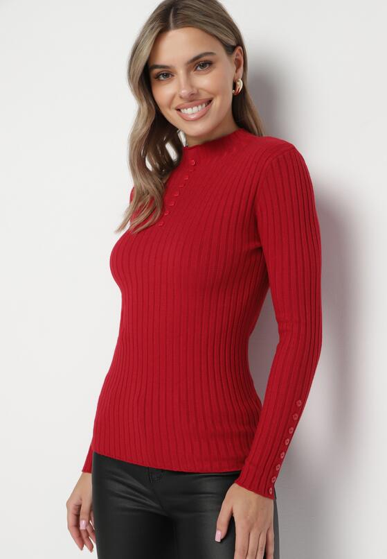 Bordowy Dopasowany Sweter Golf z Ozdobnymi Guzikami Oppanla 1