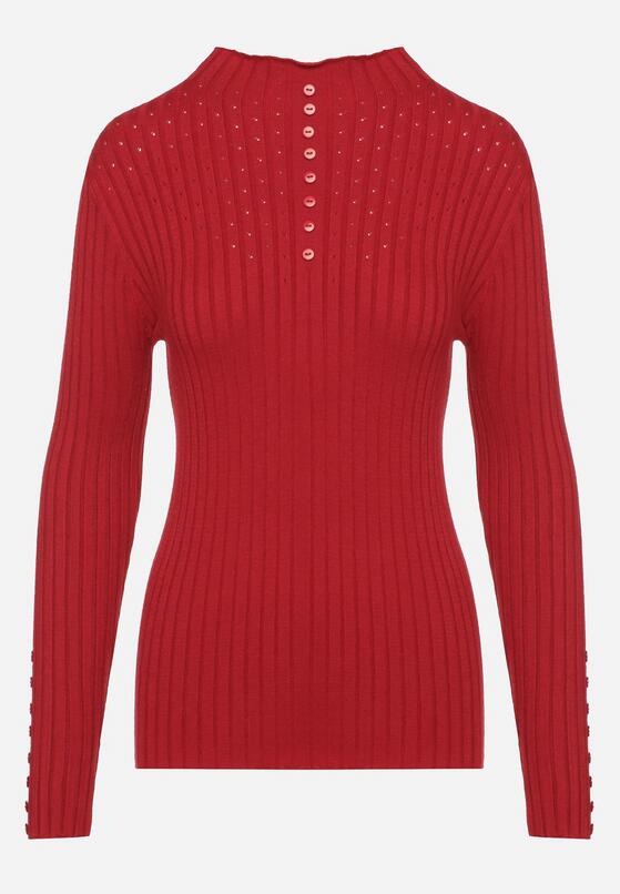 Bordowy Dopasowany Sweter Golf z Ozdobnymi Guzikami Oppanla 6