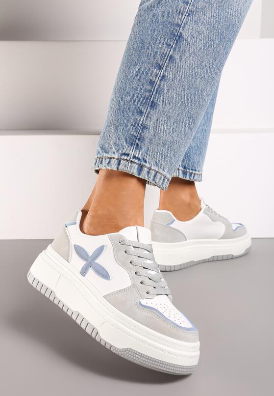 Biało-Szare Sznurowane Sneakersy na Grubszej Podeszwie z Geometrycznym Wzorem Sairana 1