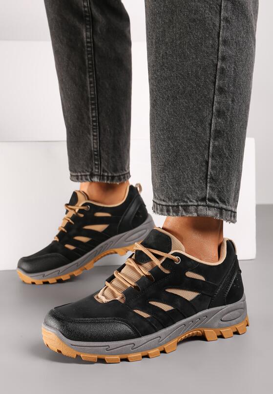 Czarne Sznurowane Płaskie Buty Sportowe Sneakersy z Geometrycznymi Wstawkami Betita 1