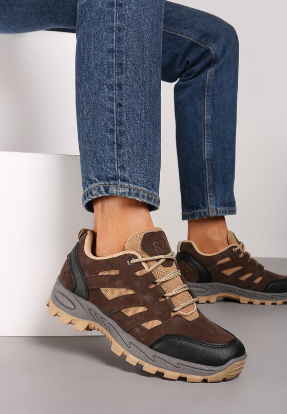 Brązowe Sznurowane Płaskie Buty Sportowe Sneakersy z Geometrycznymi Wstawkami Betita 2