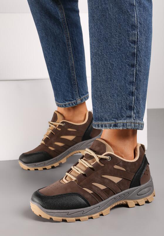 Brązowe Sznurowane Płaskie Buty Sportowe Sneakersy z Geometrycznymi Wstawkami Betita 1