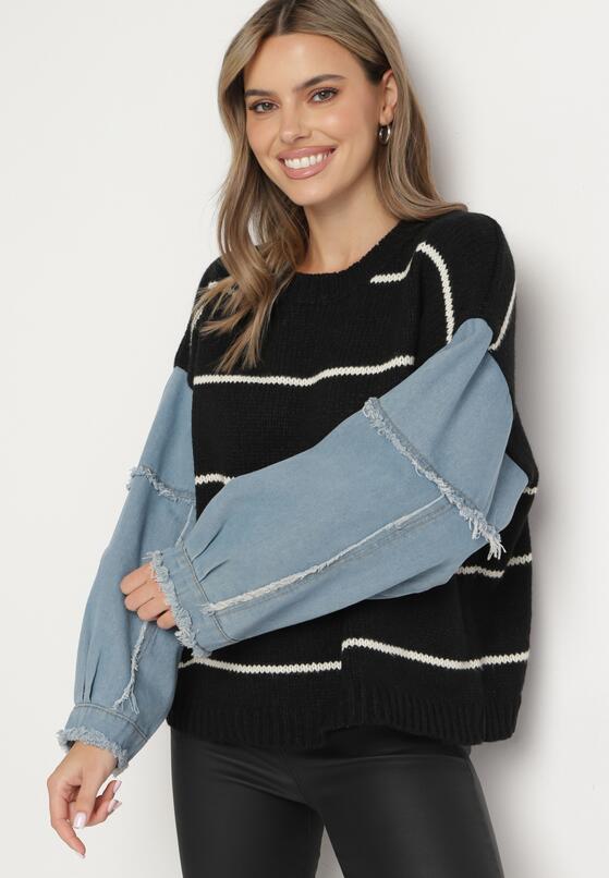 Czarny Sweter w Paski z Jeansowymi Rękawami Naoliana 4