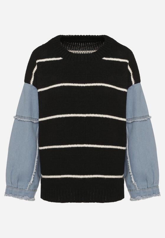 Czarny Sweter w Paski z Jeansowymi Rękawami Naoliana 6