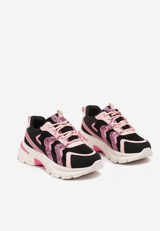 Czarno-Różowe Sneakersy na Grubej Podeszwie z Brokatowymi Wstawkami Sairiel 5