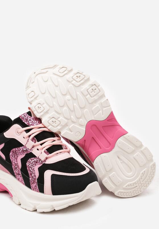 Czarno-Różowe Sneakersy na Grubej Podeszwie z Brokatowymi Wstawkami Sairiel 6