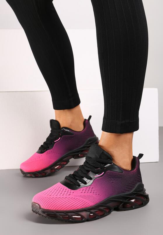 Czarno-Różowe Sznurowane Buty Sportowe Sneakersy na Grubej Tłoczonej Podeszwie z Perforacją Karolae 1