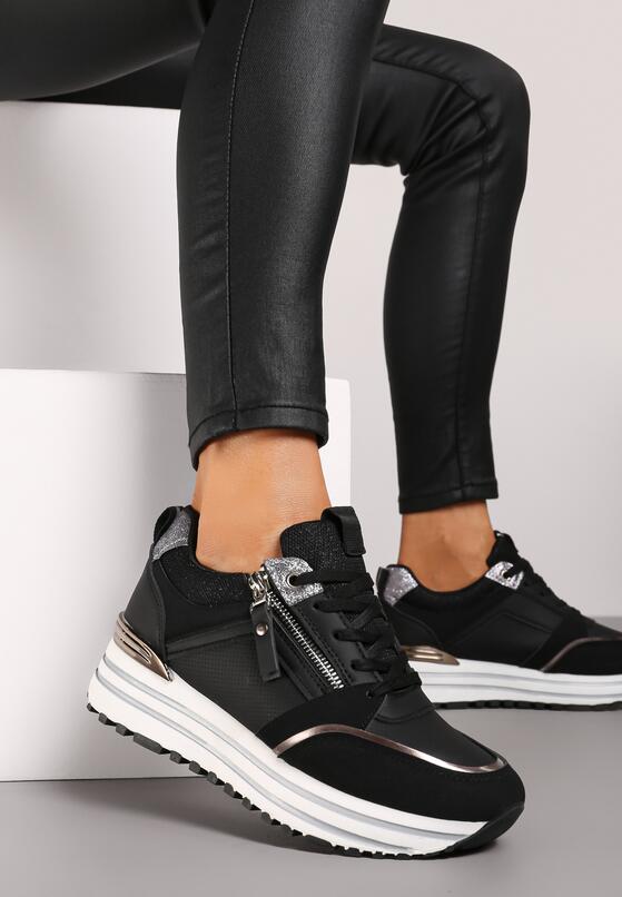 Czarne Sneakersy na Grubej Podeszwie z Brokatowymi Wstawkami i Ozdobnym Suwakiem Mairanne 2