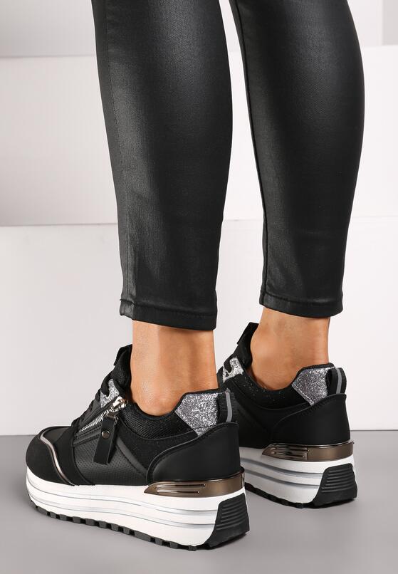 Czarne Sneakersy na Grubej Podeszwie z Brokatowymi Wstawkami i Ozdobnym Suwakiem Mairanne 3