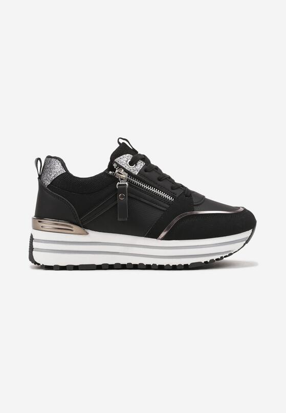Czarne Sneakersy na Grubej Podeszwie z Brokatowymi Wstawkami i Ozdobnym Suwakiem Mairanne 4
