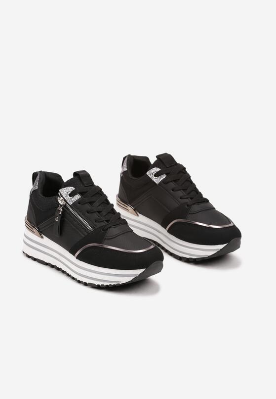 Czarne Sneakersy na Grubej Podeszwie z Brokatowymi Wstawkami i Ozdobnym Suwakiem Mairanne 5
