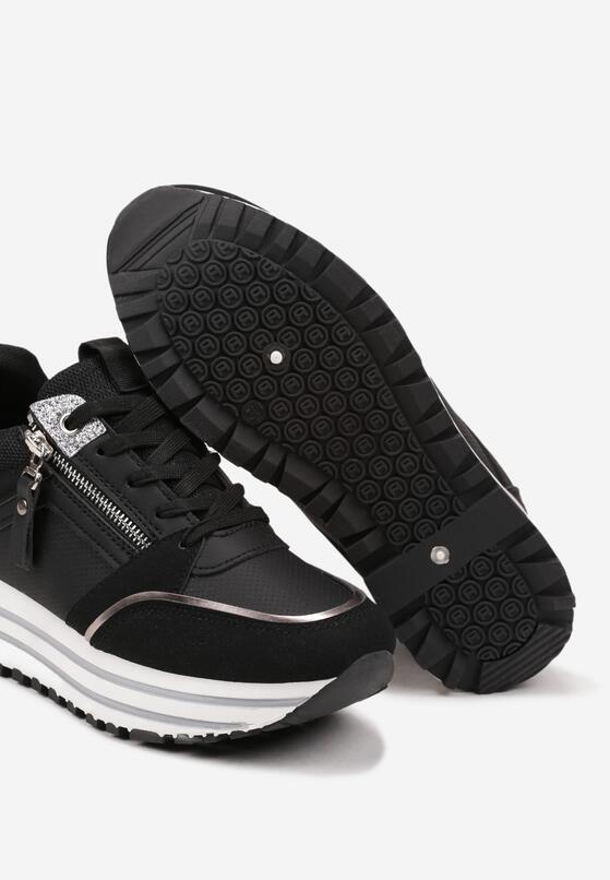 Czarne Sneakersy na Grubej Podeszwie z Brokatowymi Wstawkami i Ozdobnym Suwakiem Mairanne 6