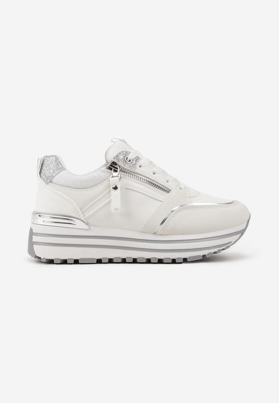 Białe Sneakersy na Grubej Podeszwie z Brokatowymi Wstawkami i Ozdobnym Suwakiem Mairanne 4