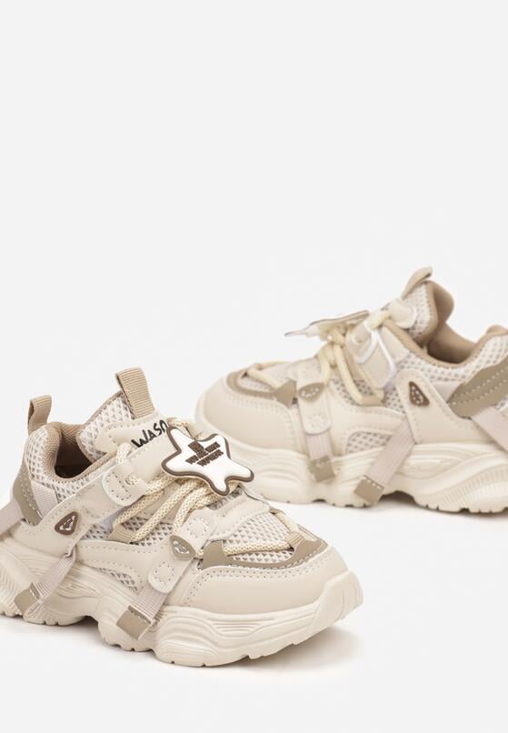 Ciemnobeżowe Sznurowane Buty Sportowe Sneakersy na Grubej Podeszwie Ozdobione Paskami Cletra 3