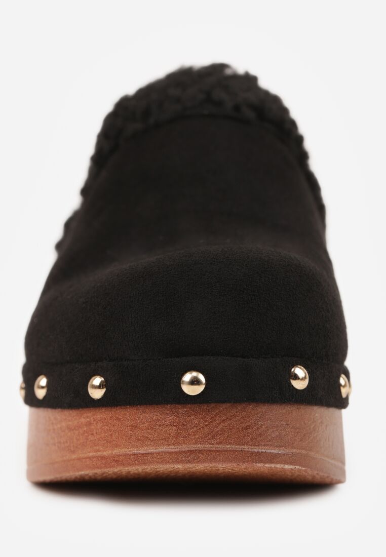 Czarne Klapki Typu Mule na Grubej Podeszwie z Barankiem i Ćwiekami Cretinea 9