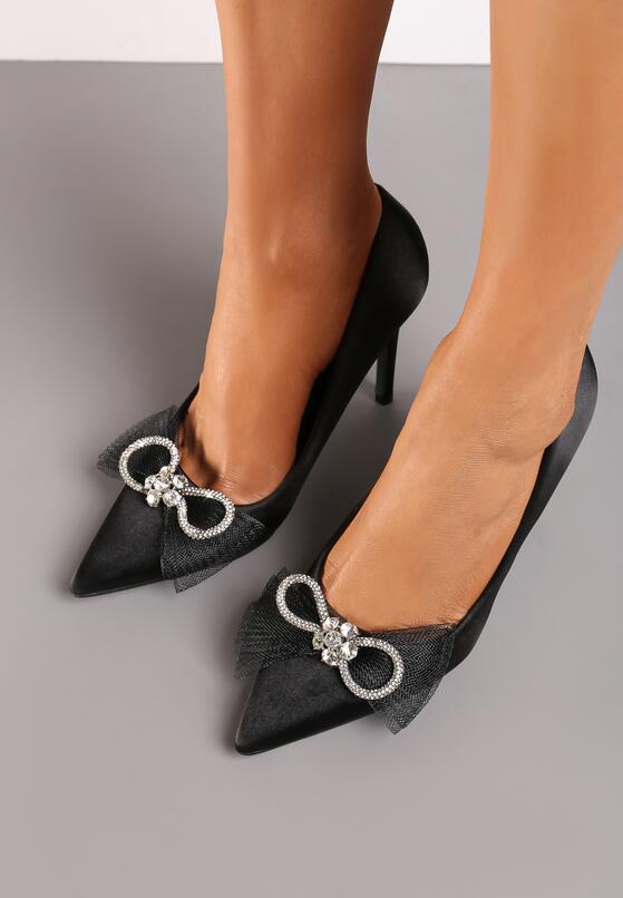 Czarne Szpilki z Satynowego Materiału z Kokardką i Cyrkoniami Tainey 3