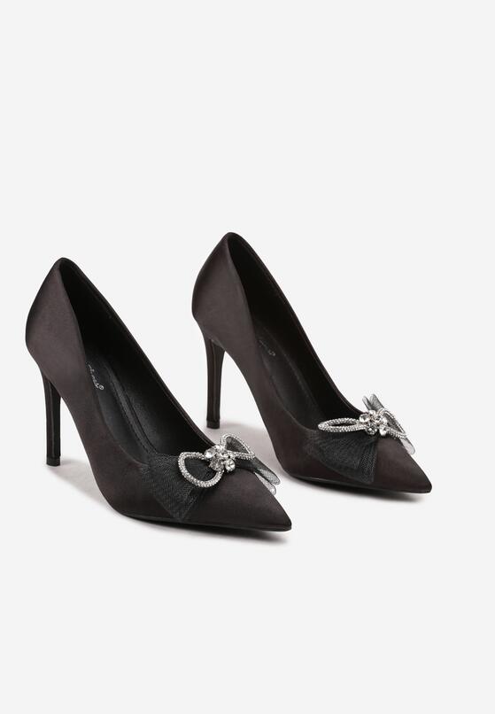 Czarne Szpilki z Satynowego Materiału z Kokardką i Cyrkoniami Tainey 5