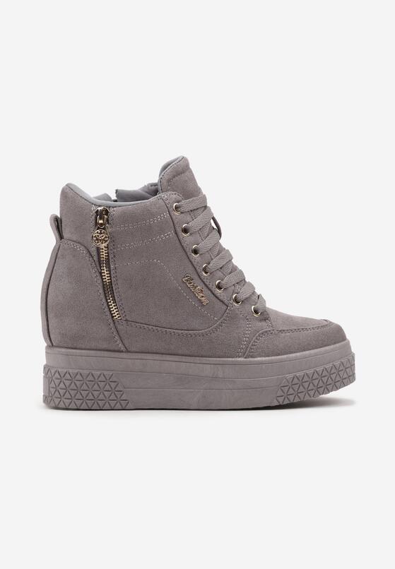 Szare Sneakersy na Ukrytym Koturnie z Metalicznymi Wstawkami i Ozdobnym Suwakiem Daimana 4