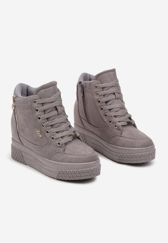 Szare Sneakersy na Ukrytym Koturnie z Metalicznymi Wstawkami i Ozdobnym Suwakiem Daimana 5