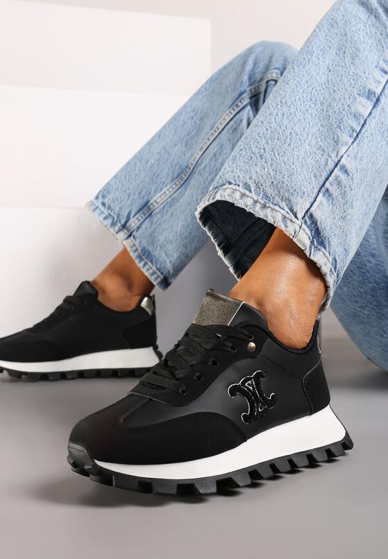 Czarne Płaskie Sneakersy z Metalicznymi Wstawkami i Sznurowaniem Zetista 1