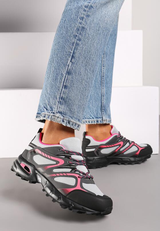 Szaro-Fuksjowe Płaskie Sznurowane Buty Sportowe Sneakersy Ozdobione Tłoczeniem Raisha 2