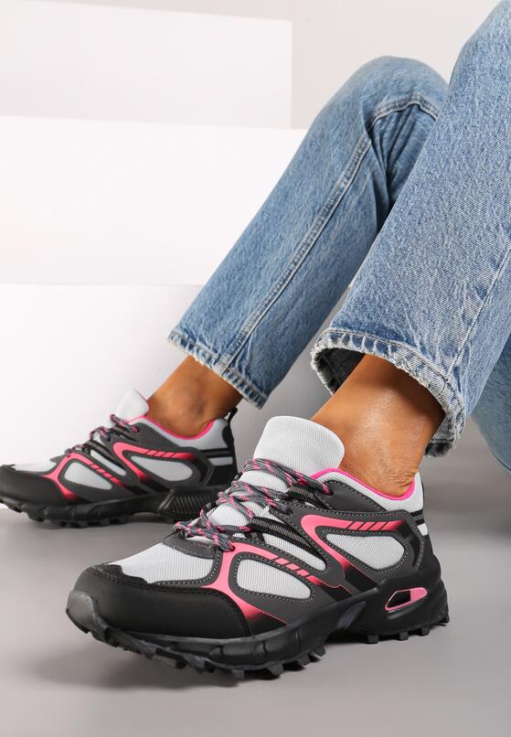 Szaro-Fuksjowe Płaskie Sznurowane Buty Sportowe Sneakersy Ozdobione Tłoczeniem Raisha 1