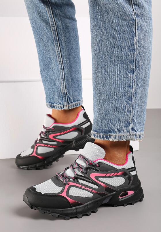 Szaro-Fuksjowe Płaskie Sznurowane Buty Sportowe Sneakersy Ozdobione Tłoczeniem Raisha 3