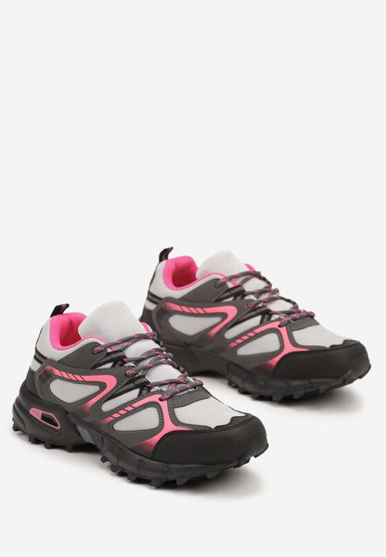 Szaro-Fuksjowe Płaskie Sznurowane Buty Sportowe Sneakersy Ozdobione Tłoczeniem Raisha 5