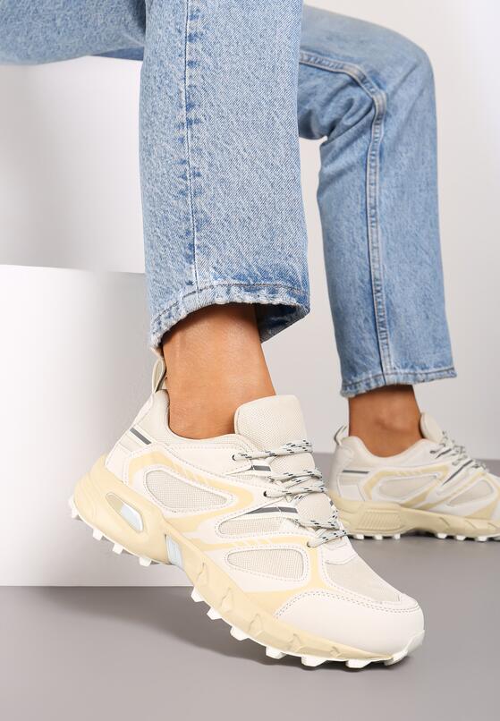 Beżowe Płaskie Sznurowane Buty Sportowe Sneakersy Ozdobione Tłoczeniem Raisha 2