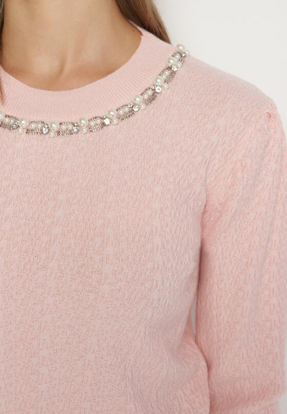 Różowy Sweter Ozdobiony Perłami ze Ściągaczem Miannae 5