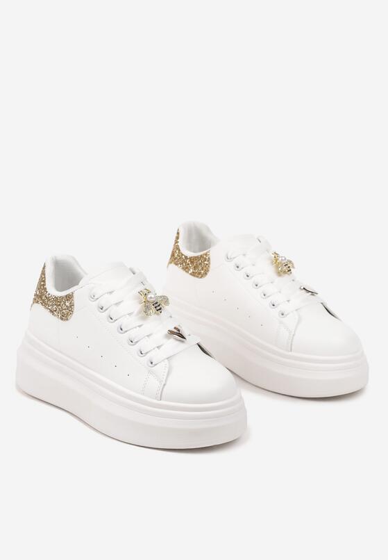 Biało-Złote Sneakersy na Grubej Podeszwie Ozdobione Brokatem i Aplikacją Sezilena 5