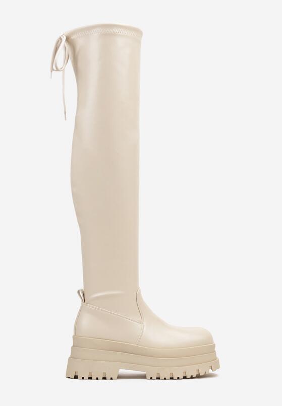 Beżowe Wysokie Kozaki Muszkieterki na Tłoczonej Platformie z Regulowaną Cholewką za Kolano Raivira 4
