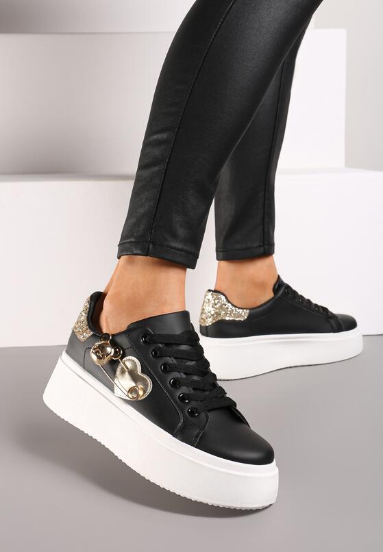 Czarno-Złote Sneakersy na Grubej Podeszwie z Brokatowymi Wstawkami i Sercami Riaven 2