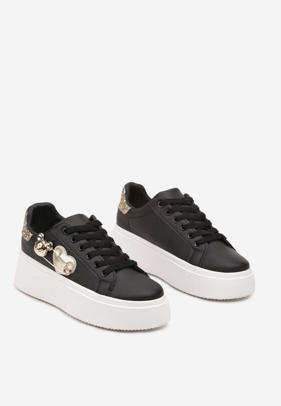 Czarno-Złote Sneakersy na Grubej Podeszwie z Brokatowymi Wstawkami i Sercami Riaven 5