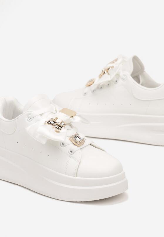 Białe Sneakersy na Grubej Podeszwie z Kokardą i Metaliczną Ozdobą Rorira 6
