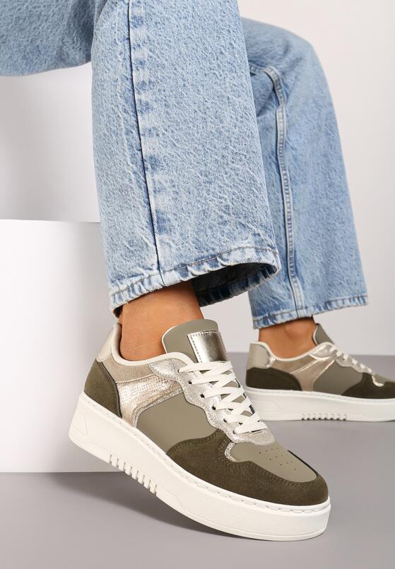 Ciemnozielone Sneakersy na Grubej Podeszwie z Metaliczną Wstawką Miathra 2