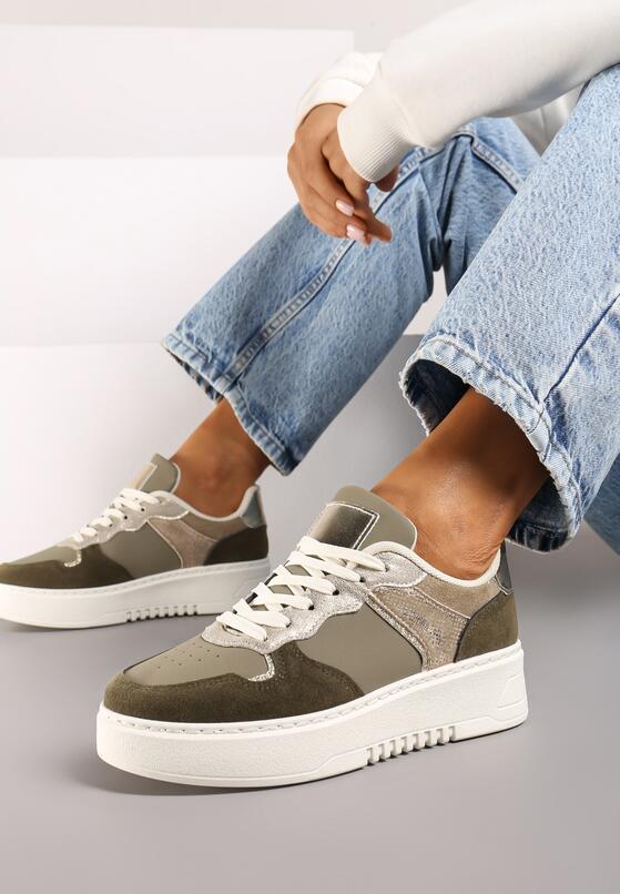 Ciemnozielone Sneakersy na Grubej Podeszwie z Metaliczną Wstawką Miathra 1