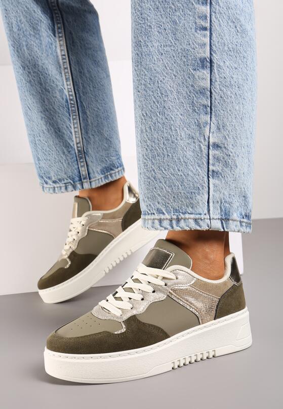 Ciemnozielone Sneakersy na Grubej Podeszwie z Metaliczną Wstawką Miathra 3