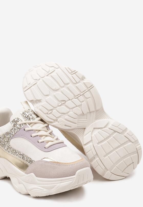 Beżowo-Różowe Sneakersy na Grubej Tłoczonej Podeszwie z Cekinami Narelis 6