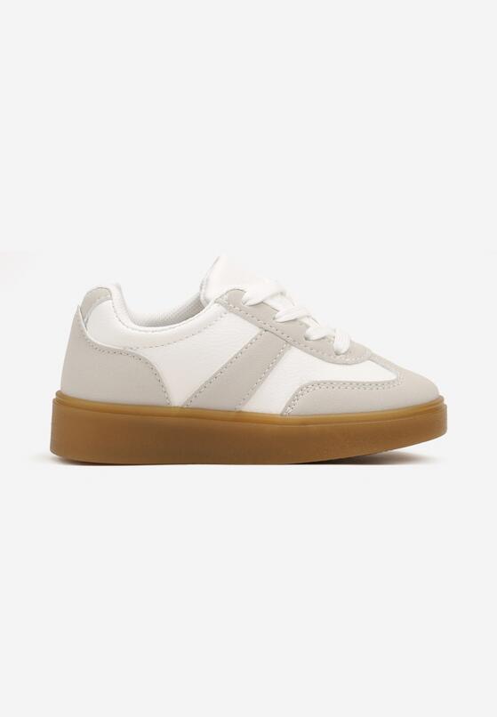 Beżowo-Szare Buty Sportowe Sneakersy na Płaskiej Podeszwie ze Sznurowaniem i Ozdobnym Pasem Azilaine 1