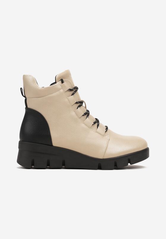 Beżowe Botki Typu Sneakersy na Koturnie z Lakierowanymi Wstawkami Lirelissa 4