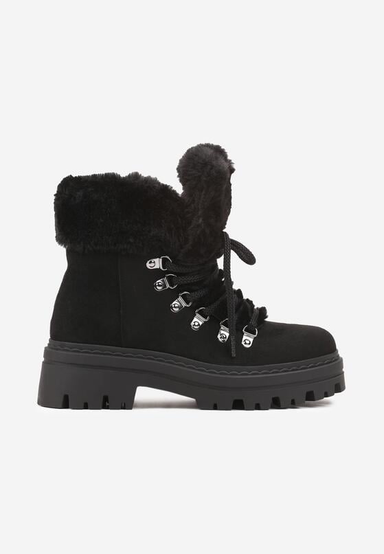 Czarne Traperki na Tłoczonej Podeszwie Ozdobione Futerkiem Taiva 4