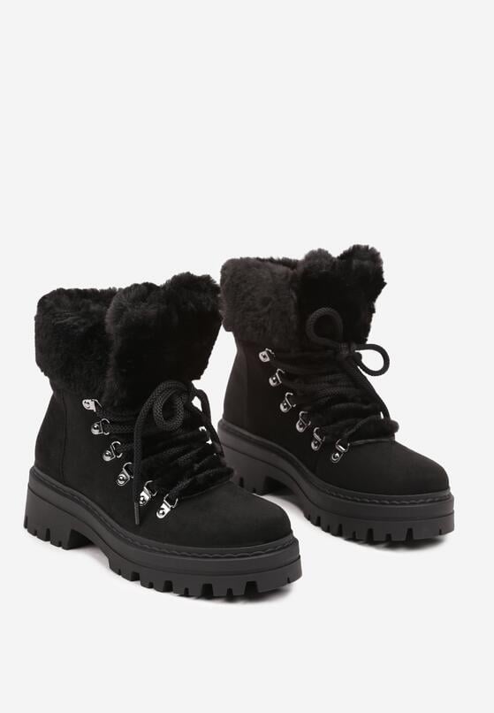Czarne Traperki na Tłoczonej Podeszwie Ozdobione Futerkiem Taiva 5