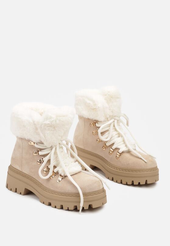 Beżowe Traperki na Tłoczonej Podeszwie Ozdobione Futerkiem Taiva 5